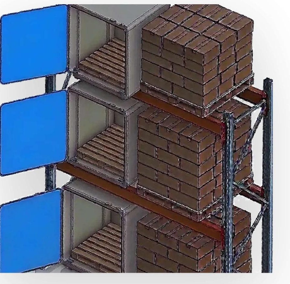 Conceptual render of Vorienta Chamber installed in a warehouse pallet rack