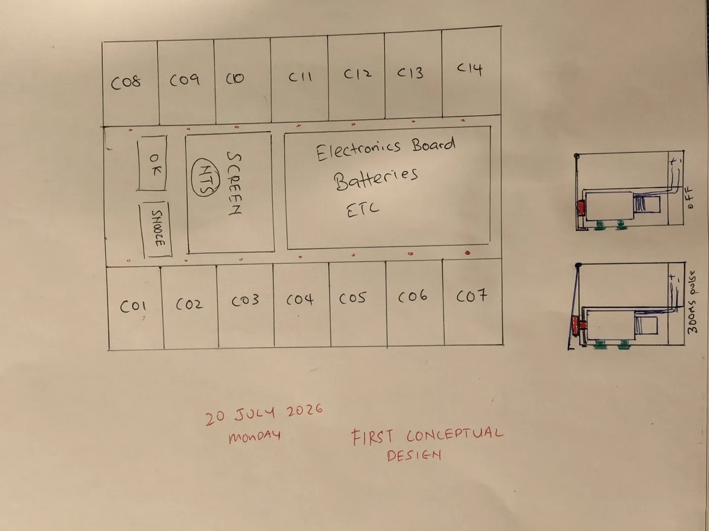 Hand-drawn first conceptual design of the organiser, with numbered compartments, a screen, buttons and the electronics board