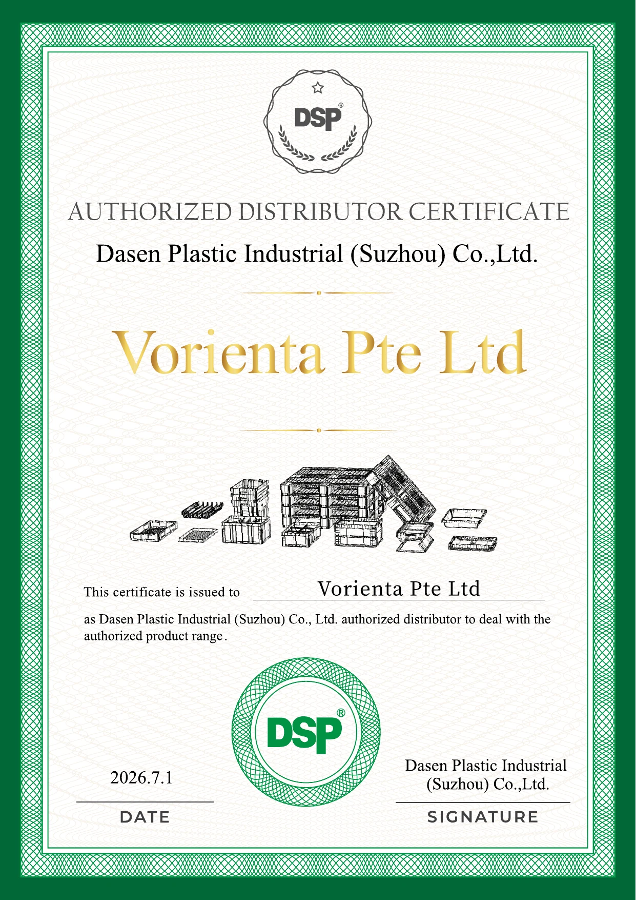 Full authorised distributor certificate issued by Dasen Plastic Industrial (Suzhou) Co., Ltd. to Vorienta Pte Ltd