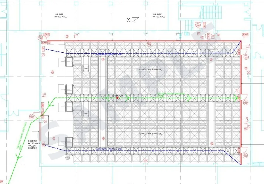 Floor plan of an automated storage system with escape routes and fire safety provisions