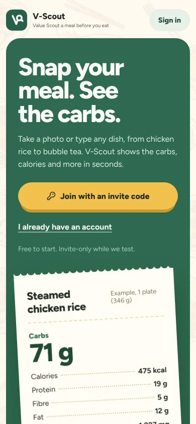 V-Scout home screen with an example card for steamed chicken rice