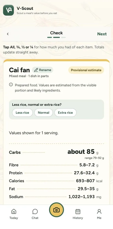 V-Scout screen: See the carbs first, then the rest